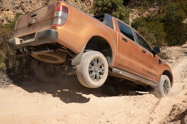 "Orange-brown 4WD on an off road track as the header of "best 2019 dual-cab 4wd ute "" blog."